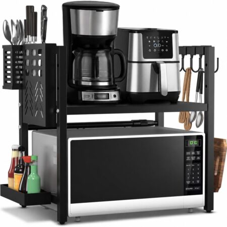 Expandable Two Tier Black Microwave Shelf Kitchen Organiser