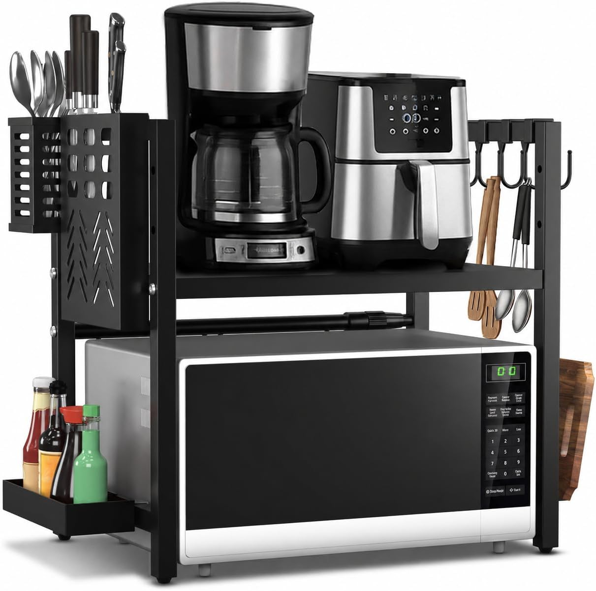 Expandable Two Tier Black Microwave Shelf Kitchen Organiser