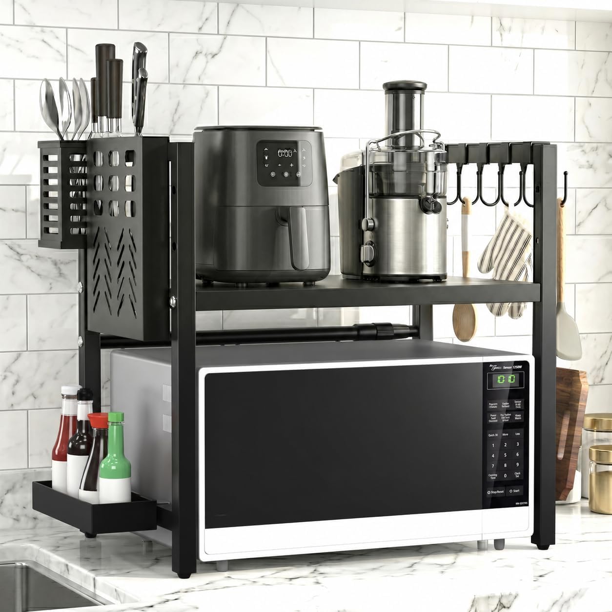 Expandable Two Tier Black Microwave Shelf Kitchen Organiser - Image 4