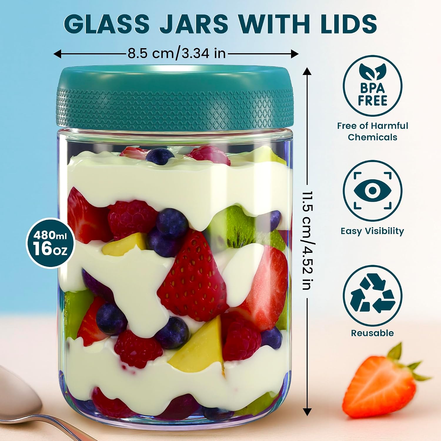 480ml 6-Pack Glass Jars with Airtight Leakproof Lids - Image 2